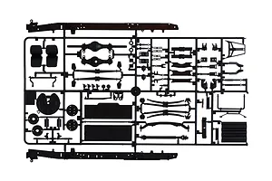 Black plastic model kit parts sprue featuring chassis rails, axles, and suspension components on a white background.