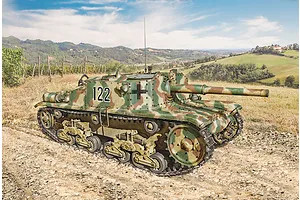 Artwork of an Italeri 1/35 Semovente M42 da 75/34 tank model with camouflage in a field.