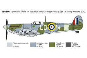 Colour profile diagram of a Supermarine Spitfire Mk.VB fighter plane with camouflage pattern, markings, and paint reference swatches.
