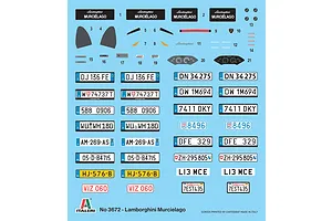 Water slide decal sheet for Italeri 1/24 Lamborghini Murcielago model kit featuring various license plates and dashboard graphics.