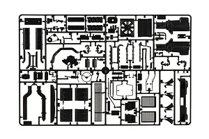 Black plastic model kit sprue containing various truck parts such as engine components and chassis elements against a white background.