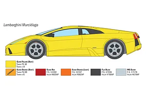 A technical diagram of a yellow Lamborghini Murcielago side profile with recommended paint color swatches below.