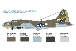 Painting guide diagram showing side profile of a B-17F Flying Fortress bomber with Bad Penny livery and color swatches.