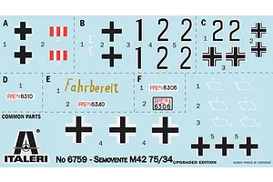Water slide decal sheet for Italeri 1/35 Semovente M42 75/34 tank model kit featuring numbers, crosses, and markings.
