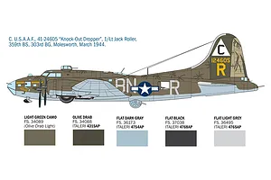 Colour scheme and decal profile diagram for Italeri B-17F Flying Fortress Knock-Out Dropper showing paint codes.