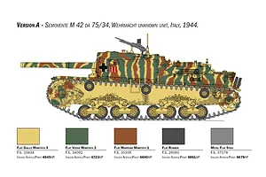 Illustration showing Version A of the Semovente M42 da 75/34 tank with camouflage paint scheme and recommended color swatches below.