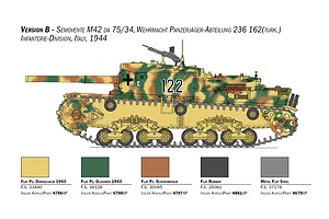 Profile illustration of Version B Semovente M42 da 75/34 tank with camouflage paint scheme and color swatches below.