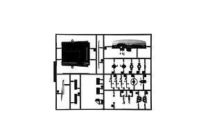 Black plastic model kit parts sprue featuring interior components like a dashboard and steering wheel on a white background.
