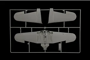 Grey plastic model kit sprue containing aircraft wing parts for the Italeri SBD-3 Dauntless bomber.
