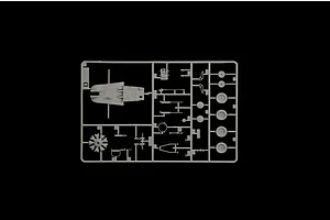 A grey plastic model kit sprue containing interior cockpit parts, radial engine, and wheels against a black background.