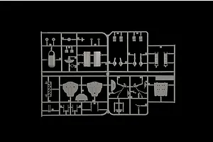 Grey plastic model kit parts sprue containing interior bulkheads, seats, and structural components.