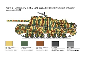 Colour and painting guide for the Italeri 1/35 Semovente M42 da 75/34 tank model kit showing camouflage pattern and paint colour swatches.