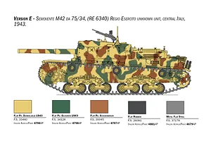Version E color and camouflage guide diagram for Italeri Semovente M42 tank model with paint color swatches below.