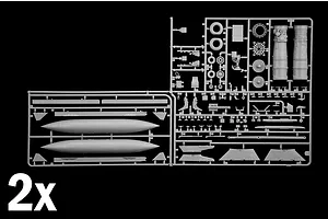 Grey plastic model kit sprues showing parts for an aircraft including fuel tanks, landing gear, and engine components labeled as 2x.