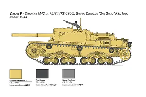Profile illustration of Semovente M42 tank in desert yellow with paint guide color swatches below.