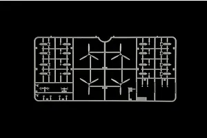 Grey plastic model sprue featuring four propeller assemblies and numerous bomb parts on a black background.