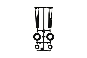 Black plastic model kit parts sprue showing wheels and structural components against a white background.