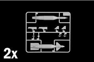 Grey plastic model kit sprue showing ordnance parts like missiles and bombs, with a 2x indicator in the corner.