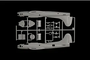 Grey plastic model kit sprue showing fuselage halves and interior parts for a B-17F Flying Fortress bomber against a black background.