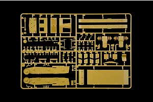 Tan plastic model kit sprue containing various parts for a military vehicle against a black background.