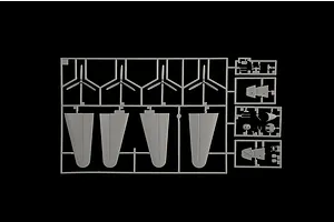 Grey plastic model kit parts sprue featuring four propellers and control surfaces on a black background.