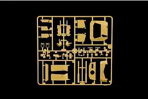 Tan plastic model kit sprue containing various unbuilt tank armor and chassis parts against a black background.