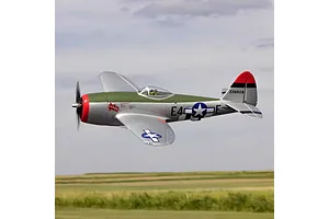 E-Flite Micro P-47 Thunderbolt RC warbird plane in flight against an outdoor field and cloudy sky background.