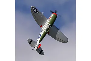 E-Flite Micro P-47 Thunderbolt RC warbird in flight against a blue sky, viewed from below.
