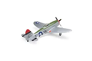 Studio product shot of the E-Flite Micro P-47 Thunderbolt RC warbird in silver and olive drab livery with US markings.
