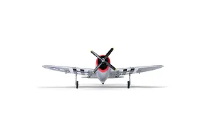 Front view of the E-Flite Micro P-47 Thunderbolt RC warbird on a plain white background, highlighting its red cowl, four-blade propeller, and invasion stripes.