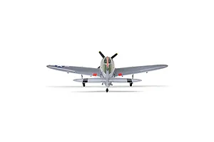 Rear-on studio view of the E-Flite Micro P-47 Thunderbolt RC airplane showing its silver fuselage, wings with insignia, and landing gear.