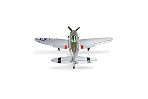 Rear-above view of the E-Flite Micro P-47 Thunderbolt RC plane, showcasing its silver and green livery, propeller, and wing insignia against a white background.