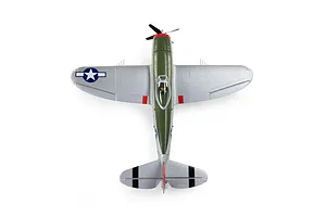 Top down studio view of the E-Flite Micro P-47 Thunderbolt RC warbird airplane with silver, green, and red trim against a white background.