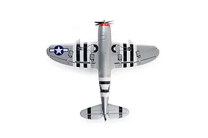 Bottom view of the E-Flite Micro P-47 Thunderbolt RC warbird showing its silver finish, invasion stripes, landing gear wells, and star insignia against a white background.