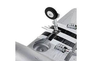 Close-up of the underside of the E-Flite Micro P-47 Thunderbolt RC plane, showing the landing gear and wing mechanics.
