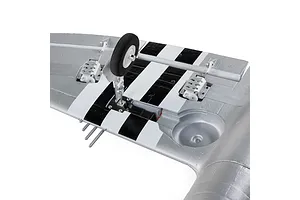 Underside view of the E-Flite Micro P-47 Thunderbolt RC plane wing showing landing gear, servos, and black and white invasion stripes.