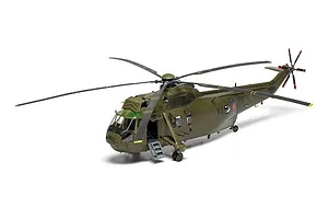 Completed Airfix 1/48 scale model of a Westland Sea King HC.4 helicopter in military green finish.