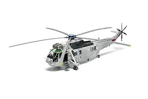Completed Airfix 1/48 scale Westland Sea King HC.4 plastic model helicopter on white background.