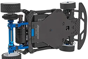 Bottom view of the Team Associated RC285R.1 RC car chassis showing carbon fiber and blue anodized components.