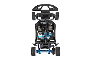 Top-down studio view of the chassis layout of an electric RC car showing carbon fiber, electronics, and blue aluminum parts.