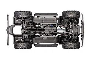 Bottom-up chassis view of the Traxxas TRX-4 RC rock crawler highlighting suspension links, frame rails, motor, and tires.