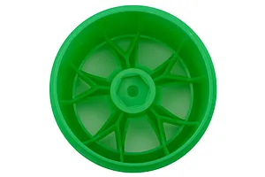 A single bright green plastic RC monster truck wheel rim viewed straight-on against a plain white background.