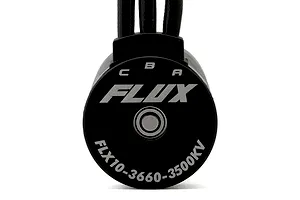 Close-up of the rear end cap of a black Maverick FLX10 3660 3500kV brushless motor showing the wire terminals marked A, B, C and FLX10-3660-3500KV text.