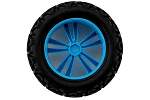 Maverick 1/10 Phantom MT monster truck tyre mounted on a bright blue multi-spoke plastic rim against a plain white background.