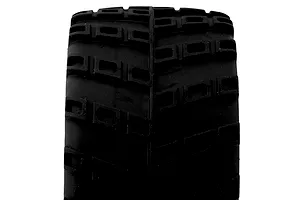 Close-up view of a black rubber RC truggy tyre tread with blocky tread pattern against a white background.
