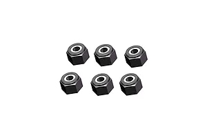 Six dark metallic nyloc nuts with white nylon inserts arranged in two rows of three against a clean white background.