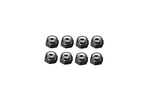 Eight black nyloc nuts with integrated nylon inserts arranged neatly in two rows against a clean white background.