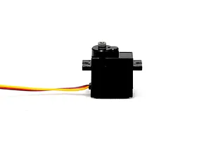 A studio product shot of a black RGT 9g servo with attached red, brown, and yellow wires against a white background.