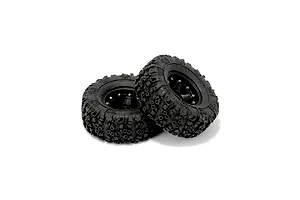 Two RGT 1/18 scale crawler tyres mounted on black rims with aggressive tread patterns against a white background.