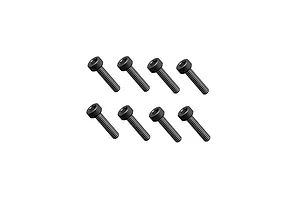 Eight black cap head screws with threaded shanks arranged in two rows of four against a clean white background.